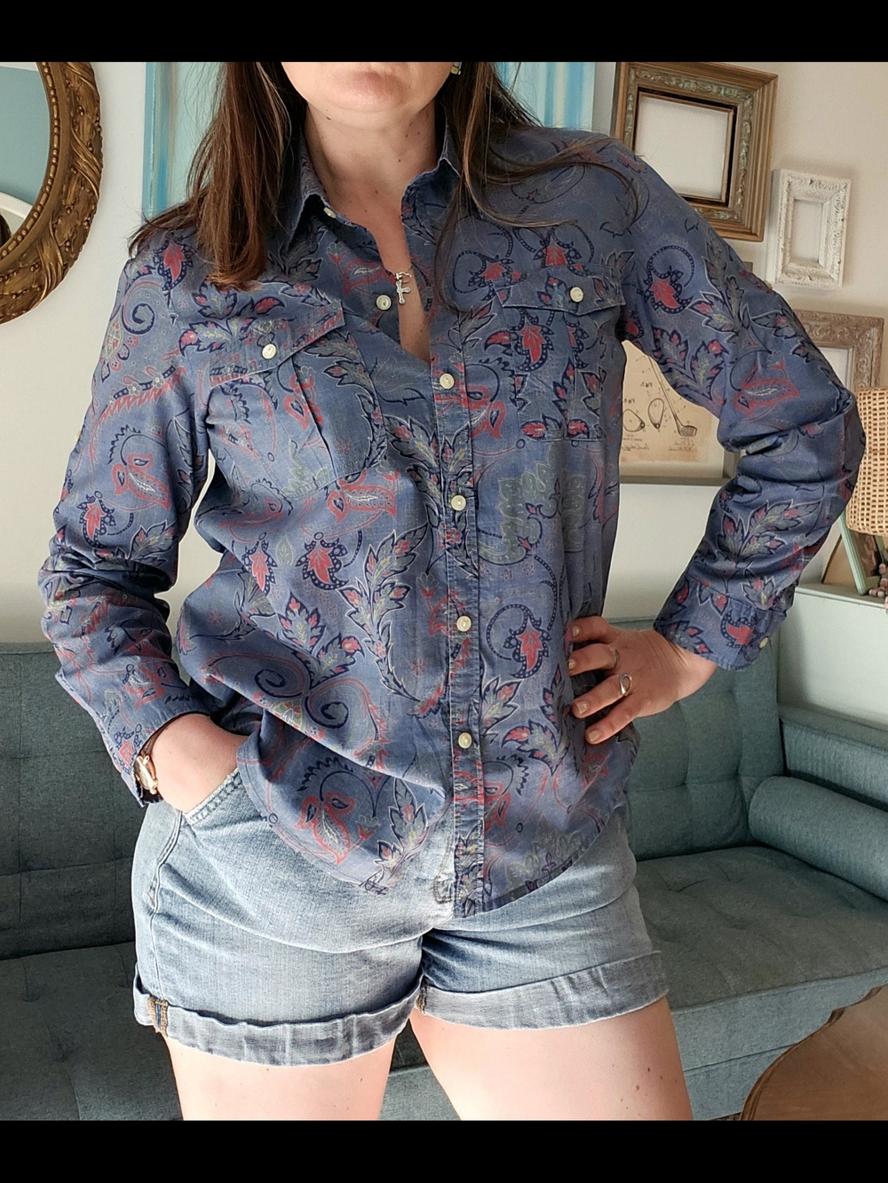Ralph Lauren Blue Paisley Tie-Front Shirt - Picture 9 of 16